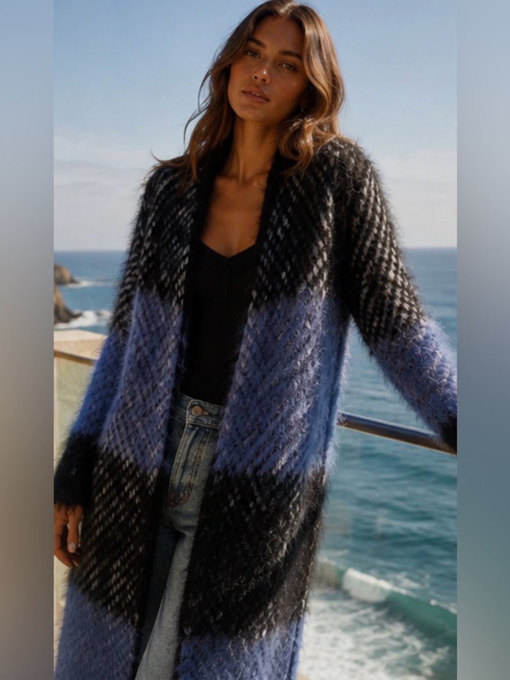 Otto D’ame  Women's Blue Black Mohair Wool Blend Long Cardigan